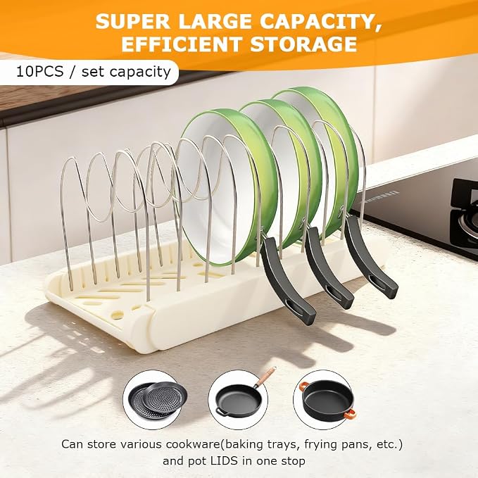 Pots and Pans Organizer for under Cabinet, Expandable Pot Lid Holder with 10 Adjustable Compartment, Pan Organizers inside Cabinet for Lids, Bakeware, Cutting Boards(COLOR:White)