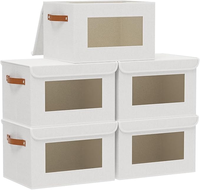 White Portable Storage Box,Closet Bin,10.2x7.8x6.7In,5Pack | Decorative Storage Bins with Lids,Shelf Baskets with Handles and Window,Fabric Closet Organizers,Sock Cube Container for Home