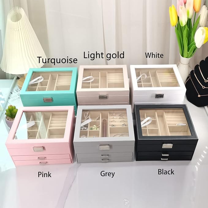 BOOVO Clear Lid Jewelry Box,3 Layers Jewelry Organizer Large Jewelry Storage Box with 2 Drawers,Jewelry Holder Organzier of Rings Earrings Necklace Bracelets for Women (Black, 3 Layer)