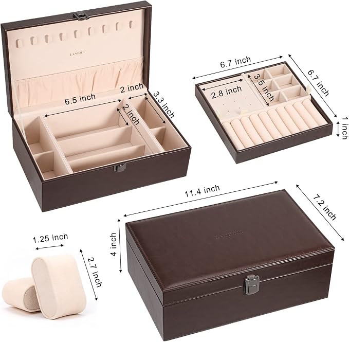 LANDICI Jewelry Box Organizer for Men Women, 2 Layer 4 Slot Watch Storage Case with Removable Tray, PU Leather Large Jewellery Holder Display for Watches Sunglasses Rings Earrings Necklace, Coffee