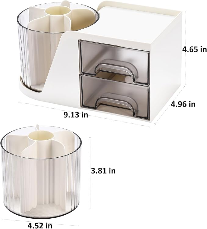 Rotating Desk Organizer with 2 Drawer, Pencil Pen Holder for Desk, Desk Organizers and Accessories with 4 Compartments + Drawer for Office Home Art Supplies (White)