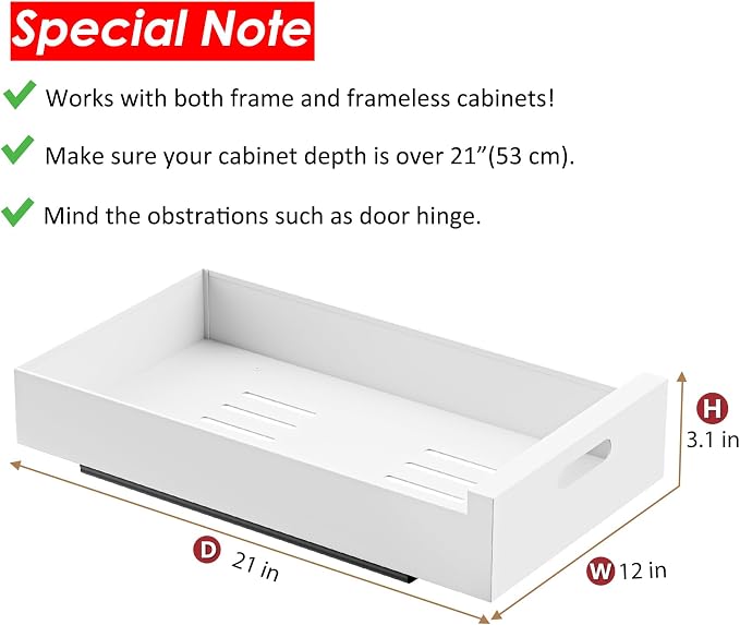 HBL' 2 Pack | 21" Deep Pull Out Cabinet Organizer Adhesive, 12-Inch Wide Sturdy Carbon Steel Roll-Out Drawers, Designed for Frameless Cabinets, Slide-Out Shelves for Pantry.