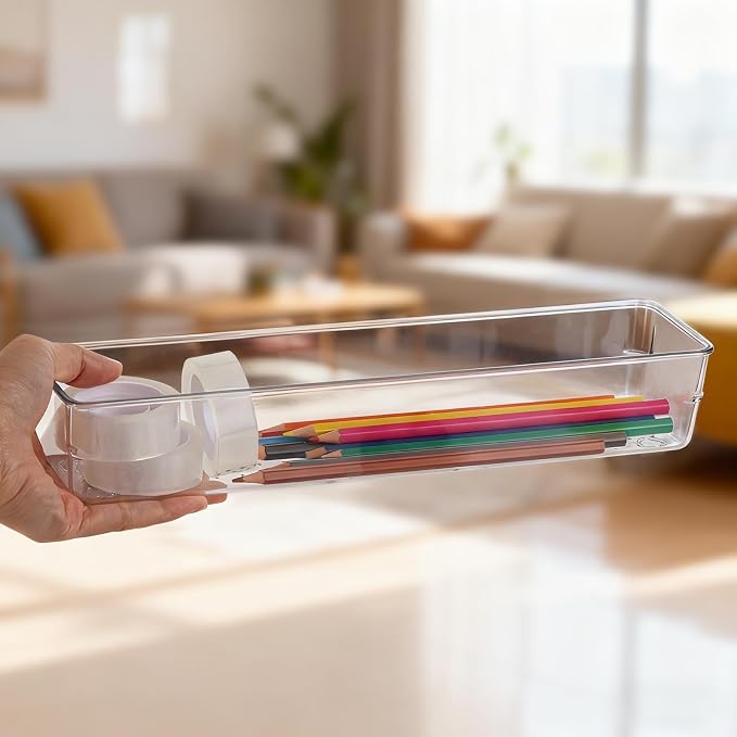 6 Pcs Large Clear Plastic Drawer Organizers Tray 12"x3" Storage Bins with 25 Pcs Non-Slip Pads for Makeup, Jewelries, Kitchen Utensils, Bathroom and Office