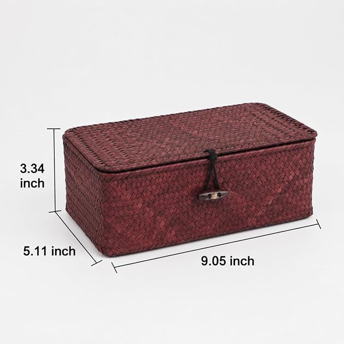 Wicker Basket with Lid, Natural Seagrass Storage Baskets for Organizing, Woven Basket for Storage, Decorative Boxes Bins with Lids Home Organizer Decor (Red, 9.05" x 5.11" x 3.34")