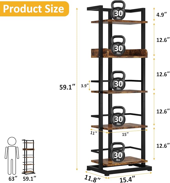 Hosfais Book Shelf Narrow Bookshelf: 5 Tier Wood Bookcase with Metal Edge Protection Industrial Modern Bookshelf Book Storage Organizer for Living Room Bedroom Home Office (Rustic Brown)