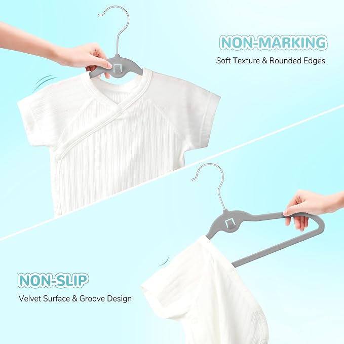 Baby Velvet Stackable Hangers 30 Pack, 11 Inches Gray Kids Clothes Hanger for Closet, Non Slip Toddler Infant Hangers for Nursery, Thin Space Saving Children Felt Hanger with 360° Swivel Hooks