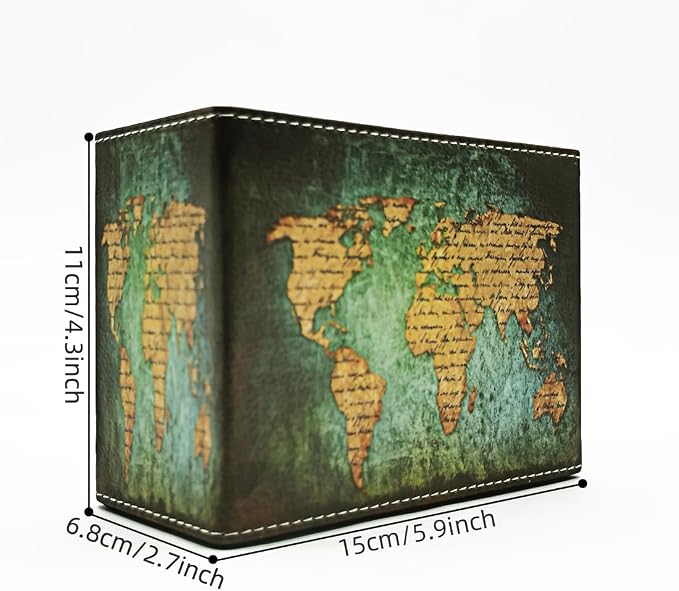 Pen Holder, Rectangle Vintage Pencil Holder with 2 Compartments, PU Leather Art Remote Control Holder Organizer Storage for Desk Accessory (World Map)