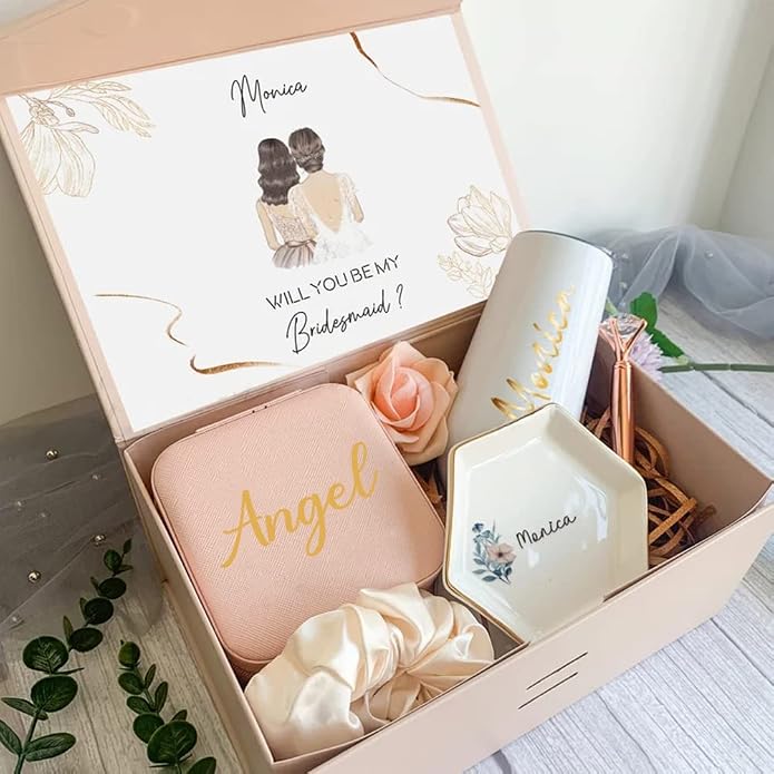 Bridesmaid Gifts Jewelry Box Personalized Small Jewelry Travel Case Custom PU Leather Portable Bridesmaid Proposal Boxes Mini Jewellery Organizer Storage Earrings Rings Necklaces for Women Girls-Pink