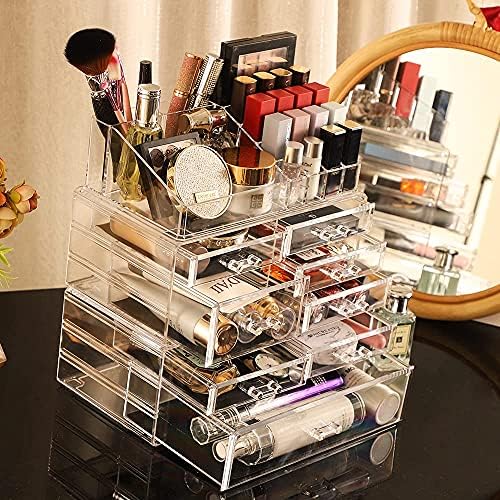 Cq acrylic 3 Pack Clear Make Up Organizer Countertop,Stackable 8 Drawers Makeup Storage,Cute Vanity Organizers for Dress