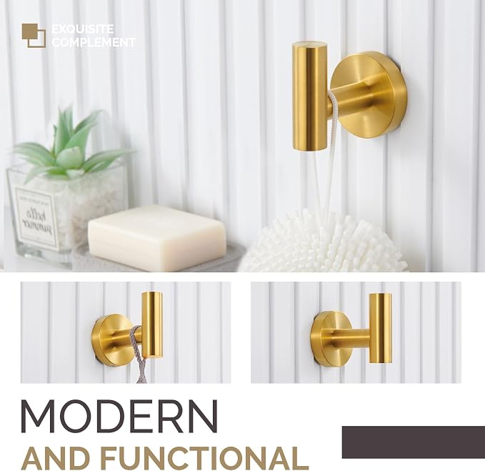 Bathroom Hardware Set 4-Piece Brushed Dark Gold, Angle Simple SUS304 Stainless Steel Bathroom Fixtures Accessory Kit with Towel Hook x 2, Toilet Paper Holder and Rotary Towel Ring, Wall Mount