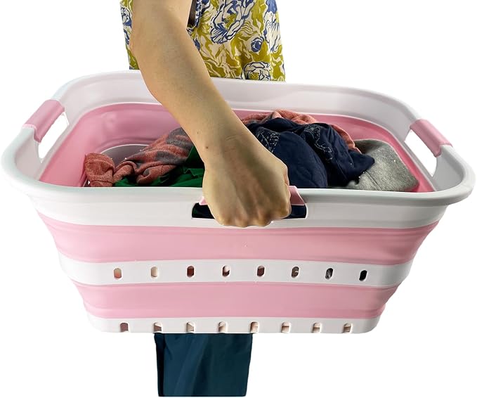 SAMMART 42 (11 Gallons) Collapsible Plastic Laundry Basket, Foldable Pop Up Storage Container/Organizer, Space Saving Hamper, Portable Bin for Dorm Room Bathroom (1, White/Cherry Pink)