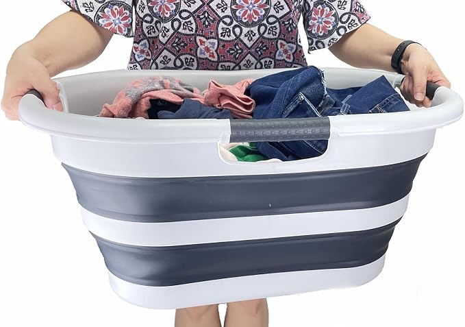 SAMMART 40L (10.5 gallon) Collapsible Plastic Laundry Basket - Foldable Pop Up Storage Container/Organizer - Portable Washing Tub - Space Saving Hamper/Basket (Grey/Slate Grey)