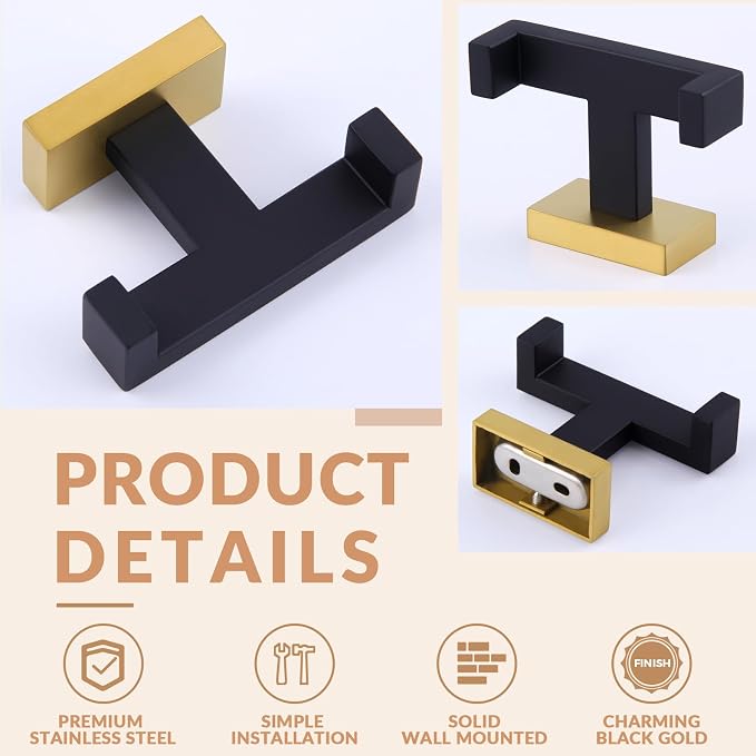 APLusee Double Bath Towel Hook 2 Pack, Solid Stainless Steel Square Dual Coat Holder, Modern Bathroom Kitchen Storage Hanger Wall Mounted, Black & Gold