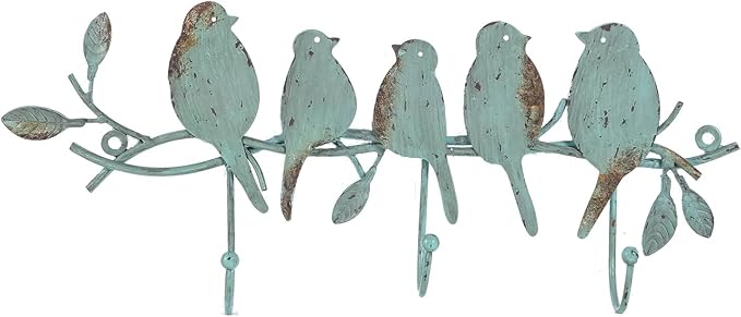SOFFEE DESIGN Vintage Metal Wall Mounted Coat Rack with 3 Hooks, Birds on Tree Branch Hanger Key Holder Wall Organizer for Hats, Towels, Clothes, Scarves, Jewelry Wall Decoration - Green