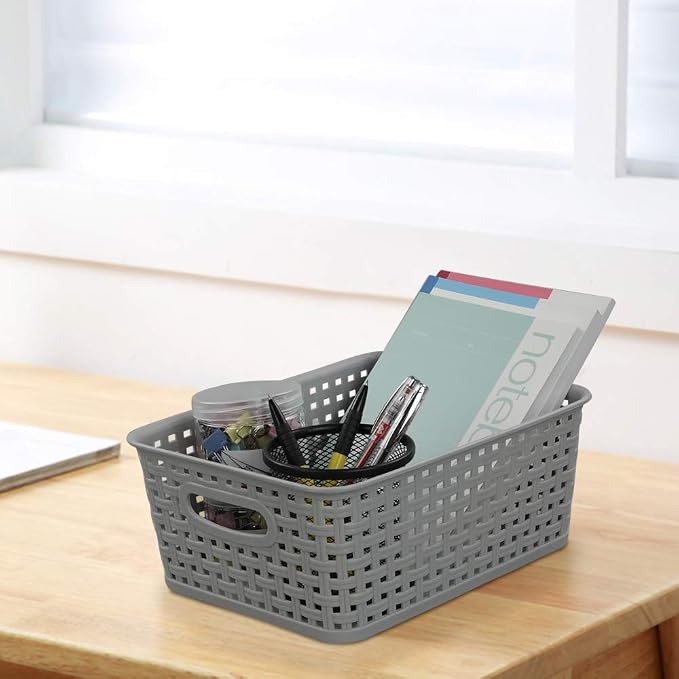 Morcte 6-Pack Gray Plastic Storage Basket, Plastic Woven Bin