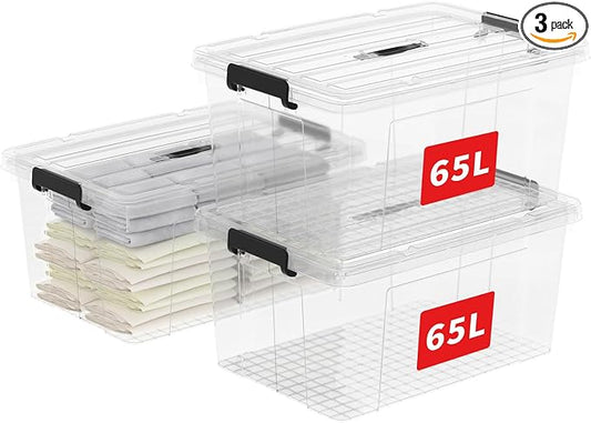 Cetomo Lidded Storage Bin with Handle, Tote Organizing Container with Wheels, Lid and Secure Latching Buckles, Stackable and Nestable, Plastic, 72 Quart-3 Pack, Clear