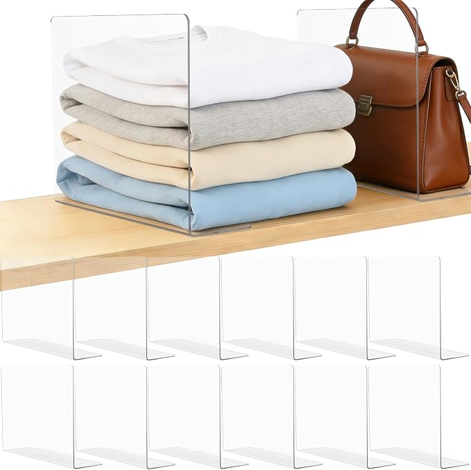 Clear Acrylic Shelf Dividers Closet Organizers for Organization Enthusiasts | 12" Tall Closet Shelf Dividers for Clothes Purse Towel - Sturdy Shelf Separators for Bedroom Kitchen Office Space Saver