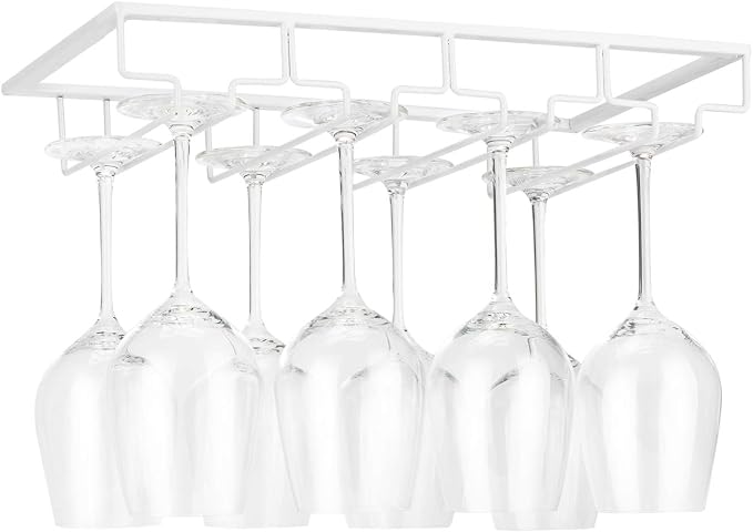 FOMANSH Wine Glass Rack Under Cabinet - Stemware Holder Metal Wine Glass Organizer Glasses Storage Hanger for Bar Kitchen Brown 4 Rows White