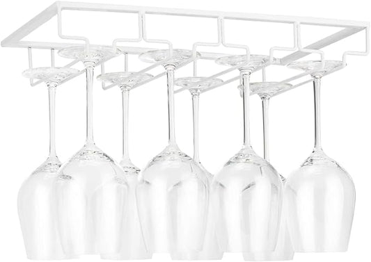 FOMANSH Wine Glass Rack Under Cabinet - Stemware Holder Metal Wine Glass Organizer Glasses Storage Hanger for Bar Kitchen Brown 4 Rows White
