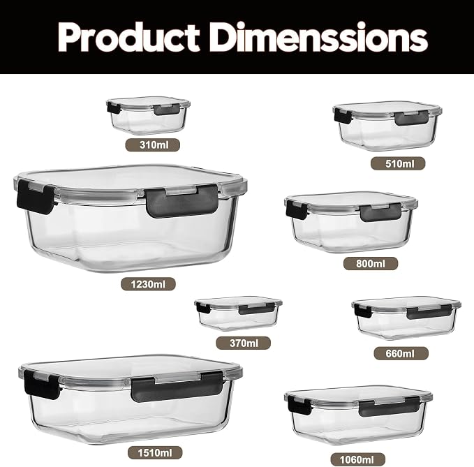 8 Pack Glass Meal Prep Containers with Lids, Extra Thick Airtight Food Storage Set (310ml-1510ml/10.5oz–51oz), Leakproof Lunch Boxes for Leftovers