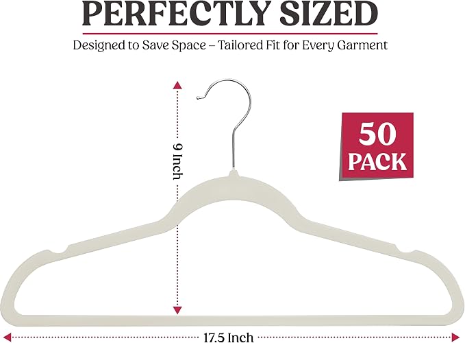 White Velvet Hangers 50 Pack, Slim Non-Slip Felt Hangers - LUX Décor | Shoulder Notches, Holds up to 10 lbs, Space Saving Clothes Hanger, 360 Swivel Hook, Suit Coat Dress Pants, Closet Organizer