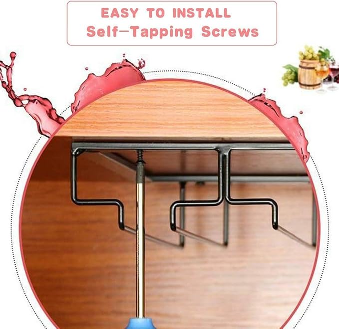 FOMANSH Wine Glass Rack - Under Cabinet Stemware Wine Glass Holder Glasses Storage Hanger 2 Pack Metal Organizer for Bar Kitchen 5 Rows Black