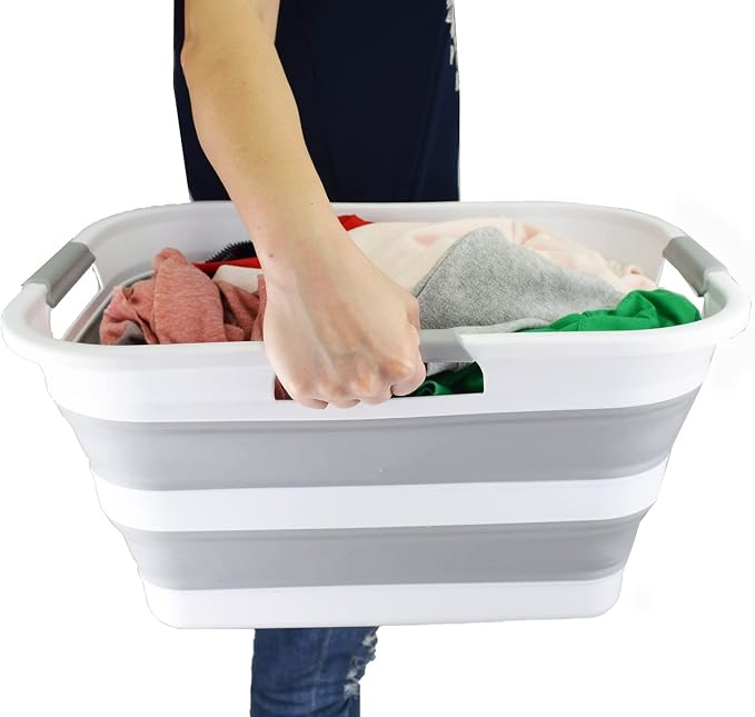 SAMMART 30L(8 gallon) Collapsible Plastic Laundry Basket - Foldable Pop Up Storage Container/Organizer - Space Saving Hamper/Basket - Water Capacity 24L(6.3 gallon) (1, White/Grey/White)