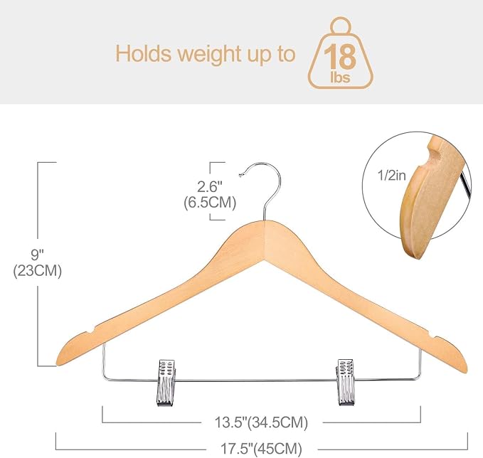 HOUSE DAY Wooden Hangers with Clips 72 Pack,Wooden Suit Hangers Skirt Hangers Solid Wood Pants Hangers Natural Smooth Finish Wood Hangers with Durable Metal Clips for Blouse, Dress, Coat, Jacket