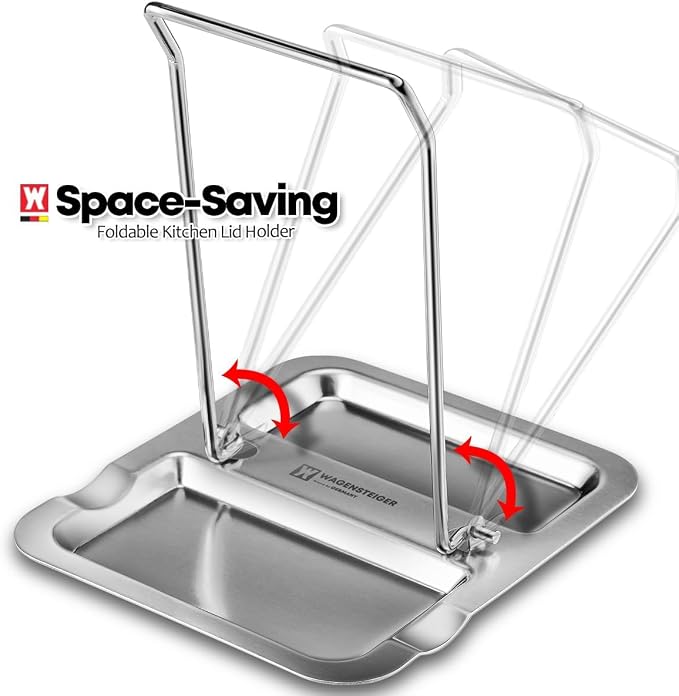 WAGENSTEIGER Foldable Stainless Steel Pot Lid Rest, Ladle Holder, Multifunctional Kitchen Organizer Stand, Easy Storage, Dishcloth Rack, Pan Lid Holder, Cooking Utensil Holder Organizer