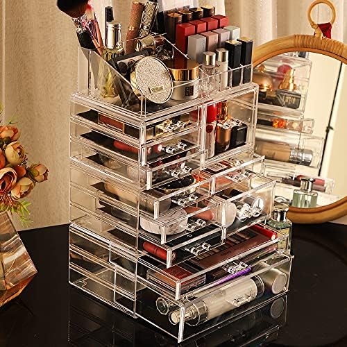 Cq acrylic Clear Makeup Storage Organizer Drawers Skin Care Large Cosmetic Display Cases Stackable Storage Box With 11 D