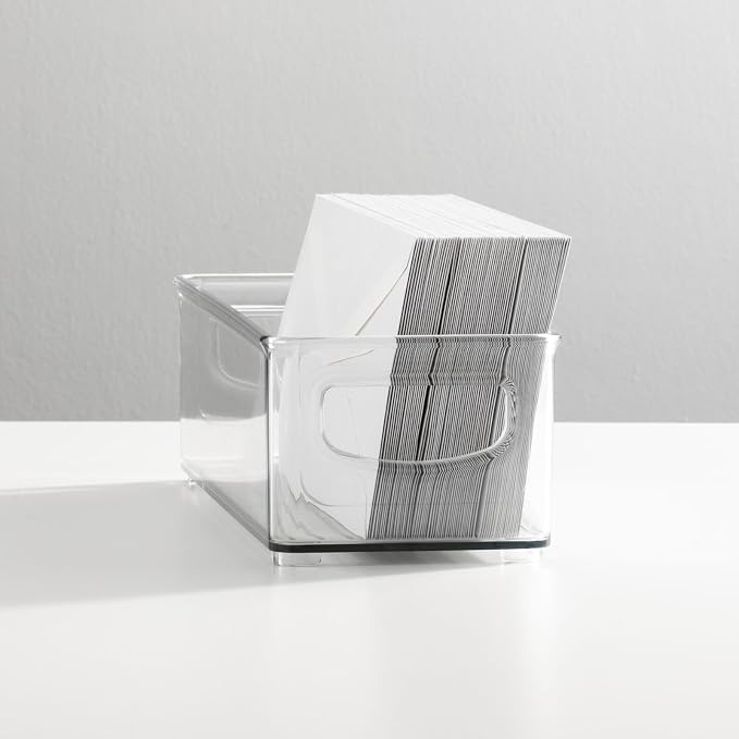 mDesign Small Plastic Office Storage Container Bins with Handles for Organization in Filing Cabinet, Closet Shelf, or Desk Drawers, Organizer for Notes, Pens, Pencils, Ligne Collection, Clear