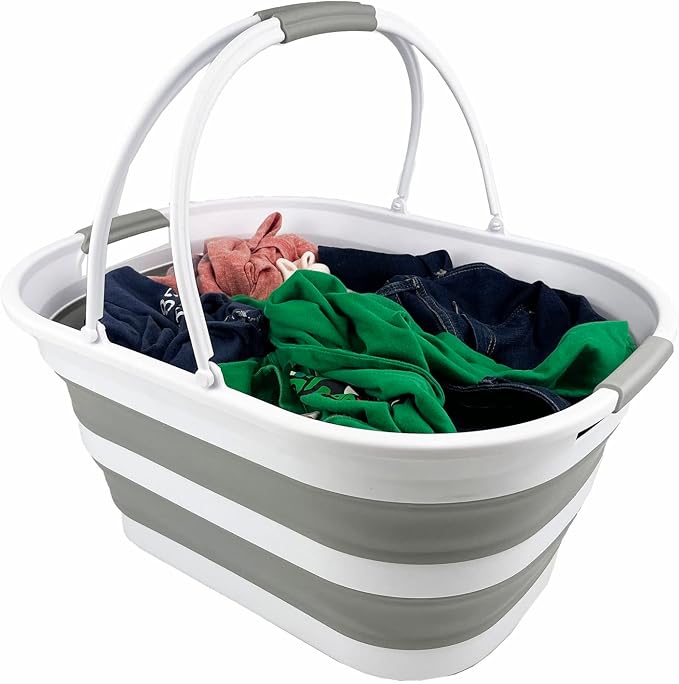 SAMMART 38L (10 Gallons) Collapsible Plastic Laundry Basket - Foldable Storage Container/Organizer - Portable Washing Tub - Space Saving Laundry Hamper (White/Grey (Set of 2))