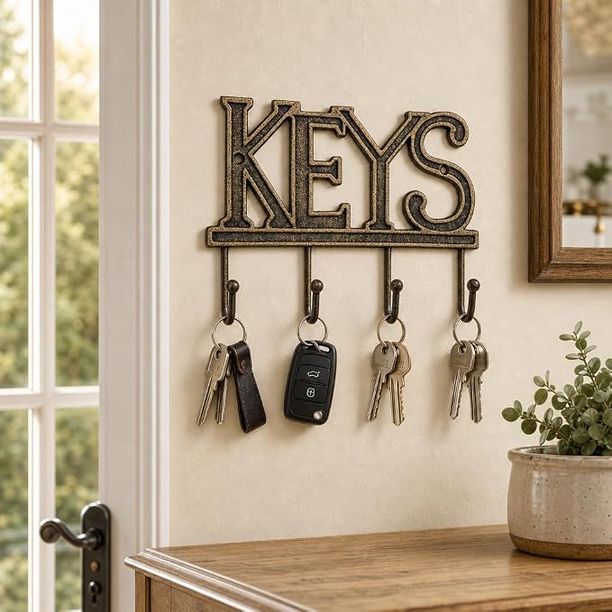 Comfify Gold-Black Cast Iron Key Holder for Wall – Keys Sign with 4 Hooks | Warm gold with black antique finish; mounting hardware included; entryway, hallway or door; 6"H x 8"L; holds 8 keychains