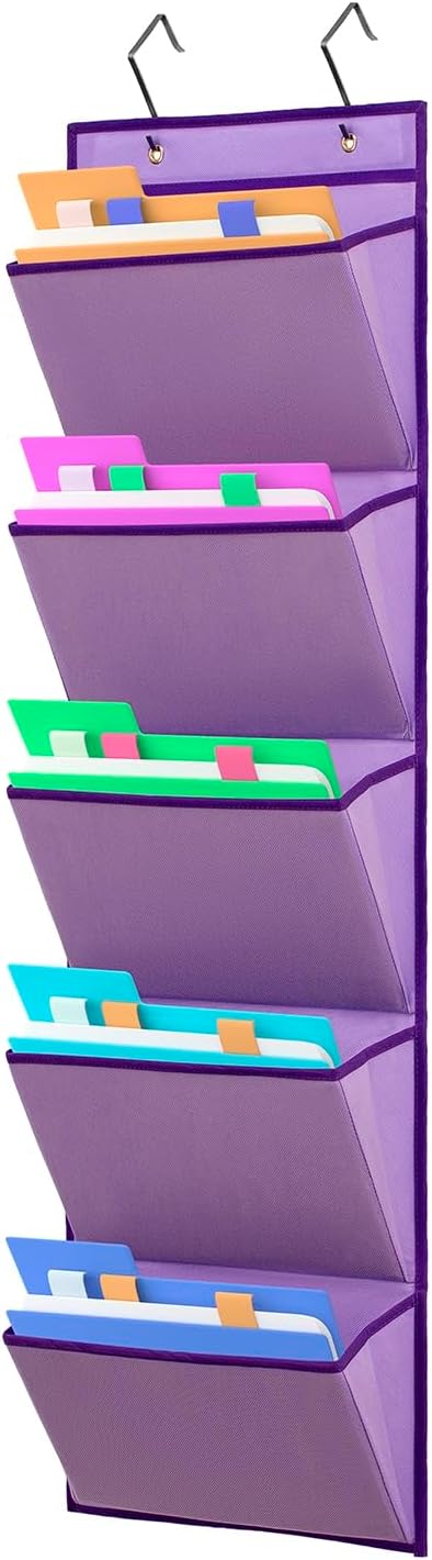 Wall Mounted Hanging Mail Organizer Back to School Paper Organizer File Holder for Classroom Office Organization (5 POCKETS-PURPLE)