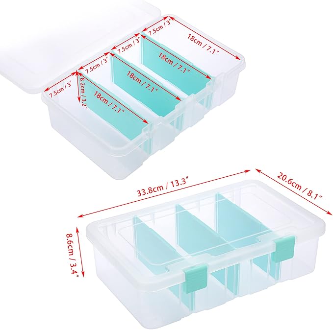 BTSKY Clear Plastic Dividing Storage Box with 4 Compartments Adjustable Storage Bin with Lid Plastic Craft Storage Container Multipurpose Sewing Box Art Supply Organizer, 13.3x8.1x3.4 Inches