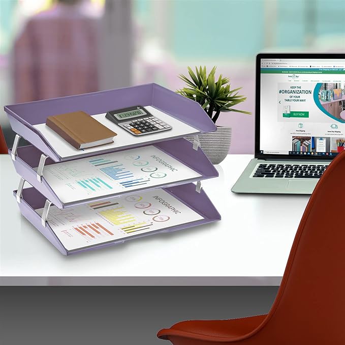 Acrimet Facility 3 Tier Letter Tray, Side Load, Letter Size/A4, Desktop File Organizer, Plastic (Solid Purple Color)