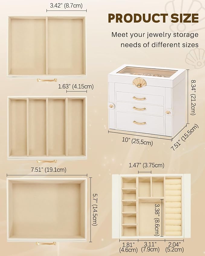 Enthralite Jewelry Box with 3 Drawers : Jewelry Display Organizer for Earrings Necklaces - Gift for Girls Women | White