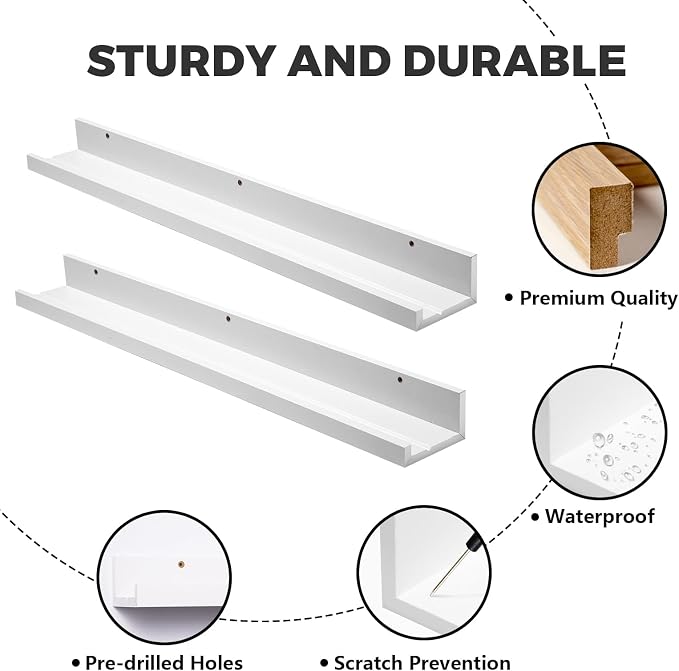 Muzilife 35.4" Large Floating Shelves Wood Wall Shelf with Lip, 2Pcs, White | FSC-Certified Wood | 20 lbs Capacity | Space-Saving | Hanging Shelf | Wall Decor| Bedroom,Living Room,Bathroom,Kitchen,Office