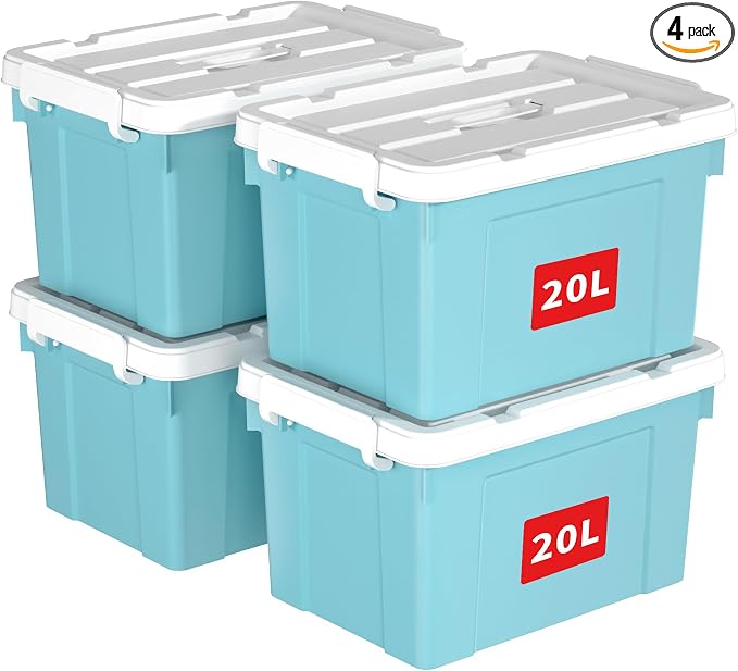 Cetomo Lidded Storage Bin with Handle, Tote Organizing Container with Durable Lid and Secure Latching Buckles, Stackable and Nestable, Plastic, 25 Quart-4 Pack, Blue