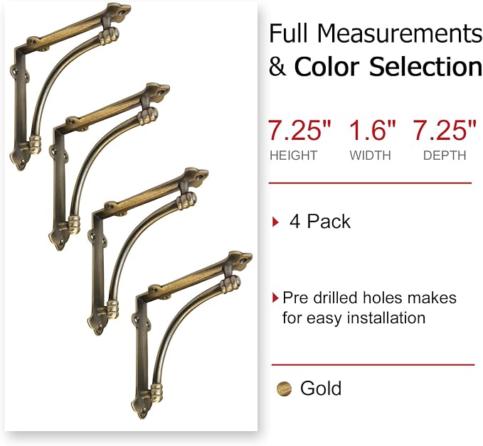 NACH Decorative Shelf Brackets, 4 Pack of 7.25 x 1.6 x 7.25 inch Gold Brackets - Cast Iron Shelf Brackets for Mounting - Industrial Style Decorative Brackets - Slim Version - AD-90-064GM