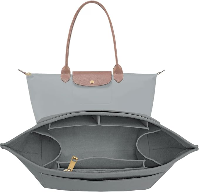 LOUKAYCCI Purse Organizer Insert for Longchamp Le Pliage L Handbag Insert Felt Long Champ Tote Bag Organizer Insert with Cup (LightGrey, Medium)