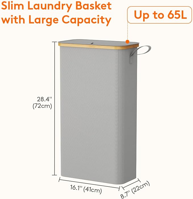 Lifewit 65L Slim Laundry Hamper with Lid, Narrow Laundry Basket with Removable Bag & Bamboo Handles, Fodable Thin Dirty Clothes Hamper for Laundry Collapsible Bin for Bathroom Bedroom Dorm,Silver Grey