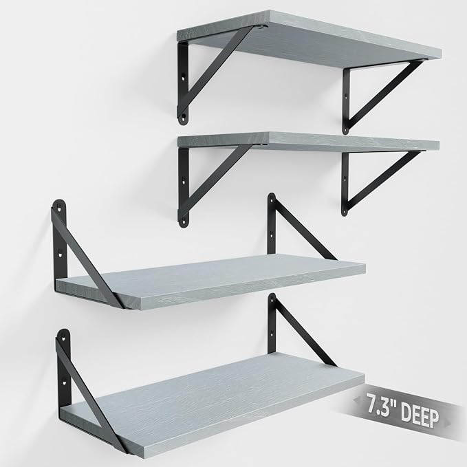 COCOYA Wall Shelves 7.3" Deep Solid Paulownia Wood (Grey, Set of 4) | 15mm Thick, Wider & Longer & Stronger, Easy to Install, Floating Shelf for Room Wall, Bedroom, Office, Decor & Storage