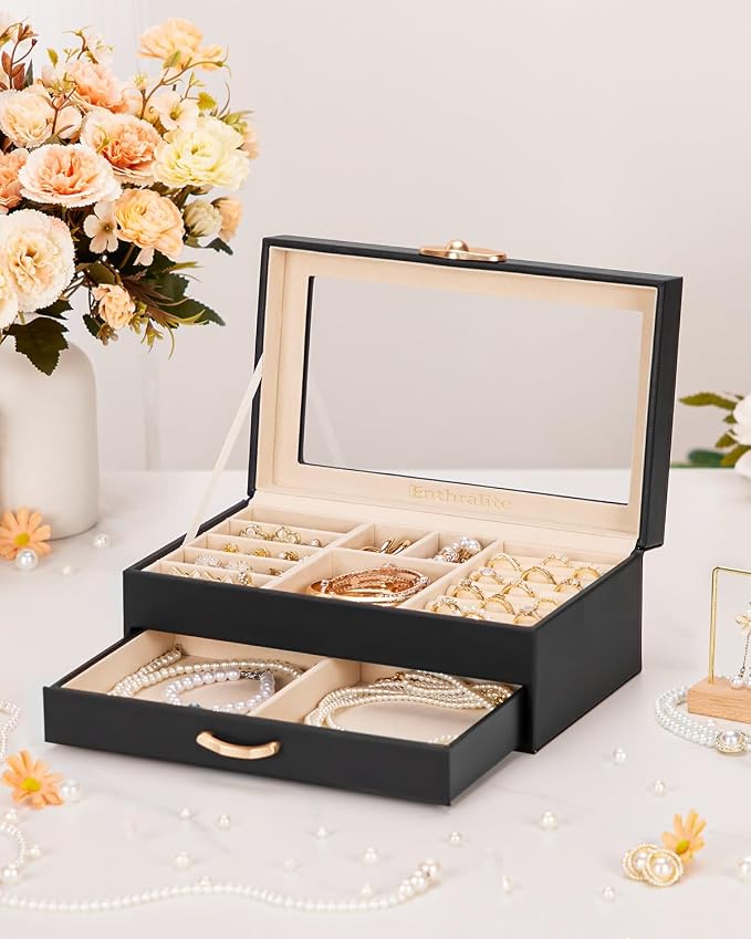 Enthralite Jewelry Box with 1 Drawers : Jewelry Display Organizer for Earrings Necklaces - Gift for Girls Women | Black