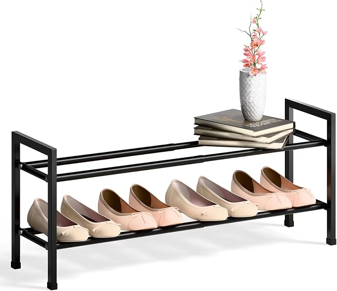 Bumusty 2 Tier Expandable Shoe Rack for Closet, 18“-33” Adjustable Shoe Rack for Small Space, Small Shoe Organizer for Front Door, Sturdy Metal, Black