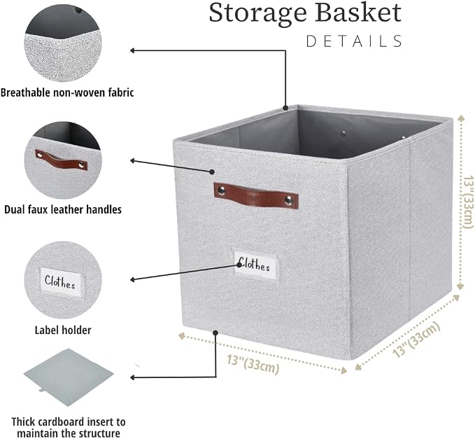 DECOMOMO Storage Bins, Cube Storage Bin with Labels | 13" x 13" x 13" Fabric Storage Cubes for Shelves (6pcs, Light Texture Grey)