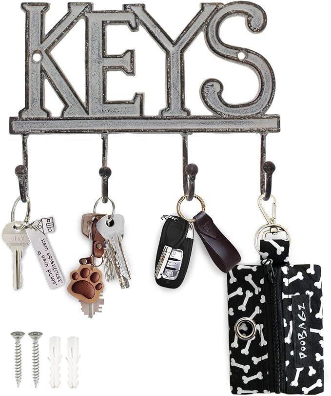 Comfify White Cast Iron Key Holder for Wall – Keys Sign with 4 Hooks | Clean white antique finish; mounting hardware included; entryway, hallway or door; 6"H x 8"L; holds 8 keychains