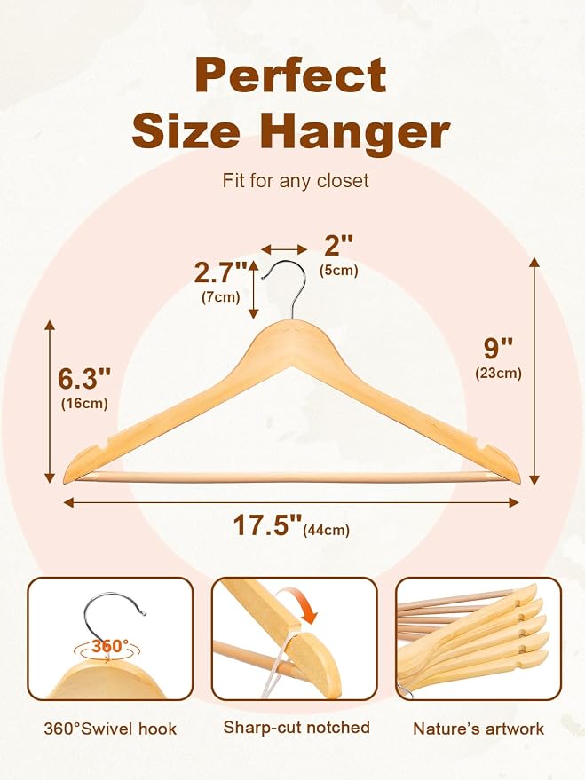 HOUSE DAY Wooden Hangers 30 Pack, Solid Wood Clothes Hangers with Non Slip Pant Bar, Heavy Duty Wooden Coat Hanger for Closet, Smooth Finish Wood Hangers for Shirts, Suits Jackets, Dress, Natural