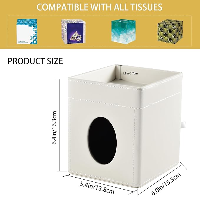 Tissue Box Cover with Storage Tray Square Tissue Box Holder PU Leather Facial Tissues Organizer Tray for Bathroom Vanity Bedroom Office Car,Stylish Napkin Caddy Decorative Organizer,Cream