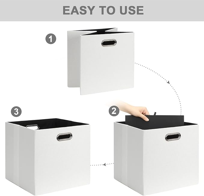 Posprica Fabric Storage Cubes, 13x13 Collapsible Storage Bins with Dual Handles, Foldable Storage Boxes Basket for Closet Shelf Cabinet Bookcase Organization, Set of 4, White